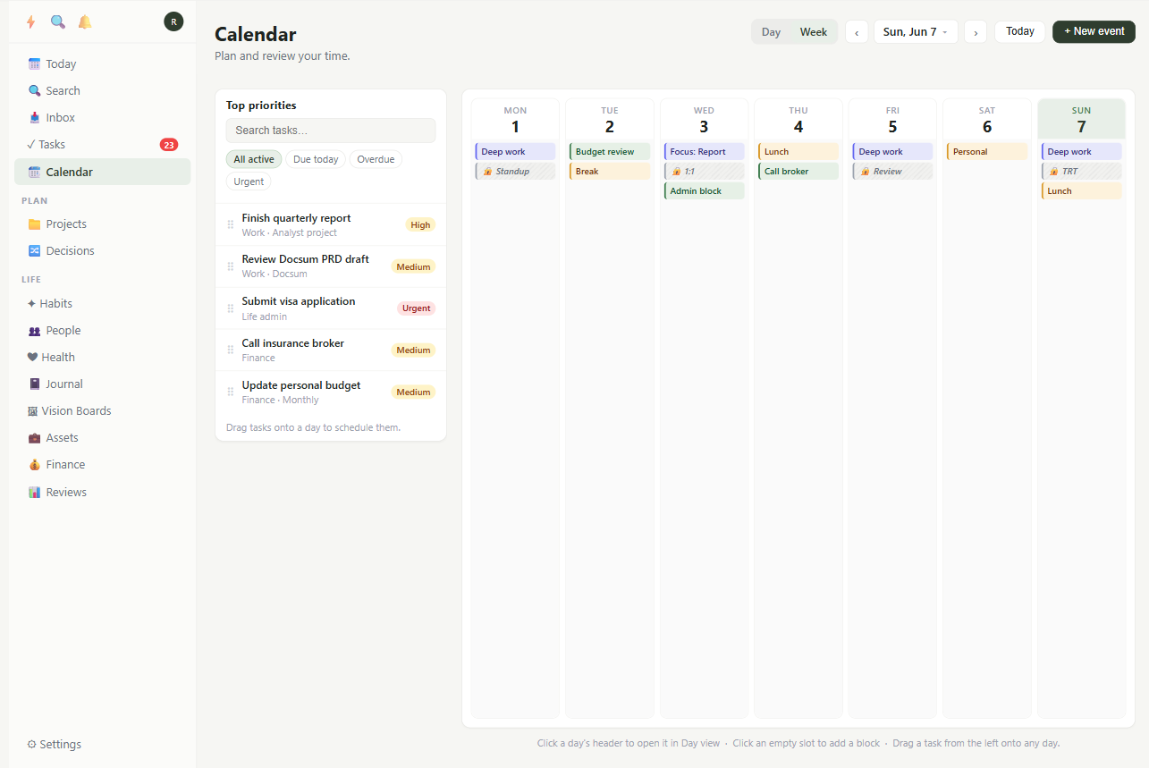 SailOS week view — tasks blocked across Monday to Sunday with priorities and Google-synced events.